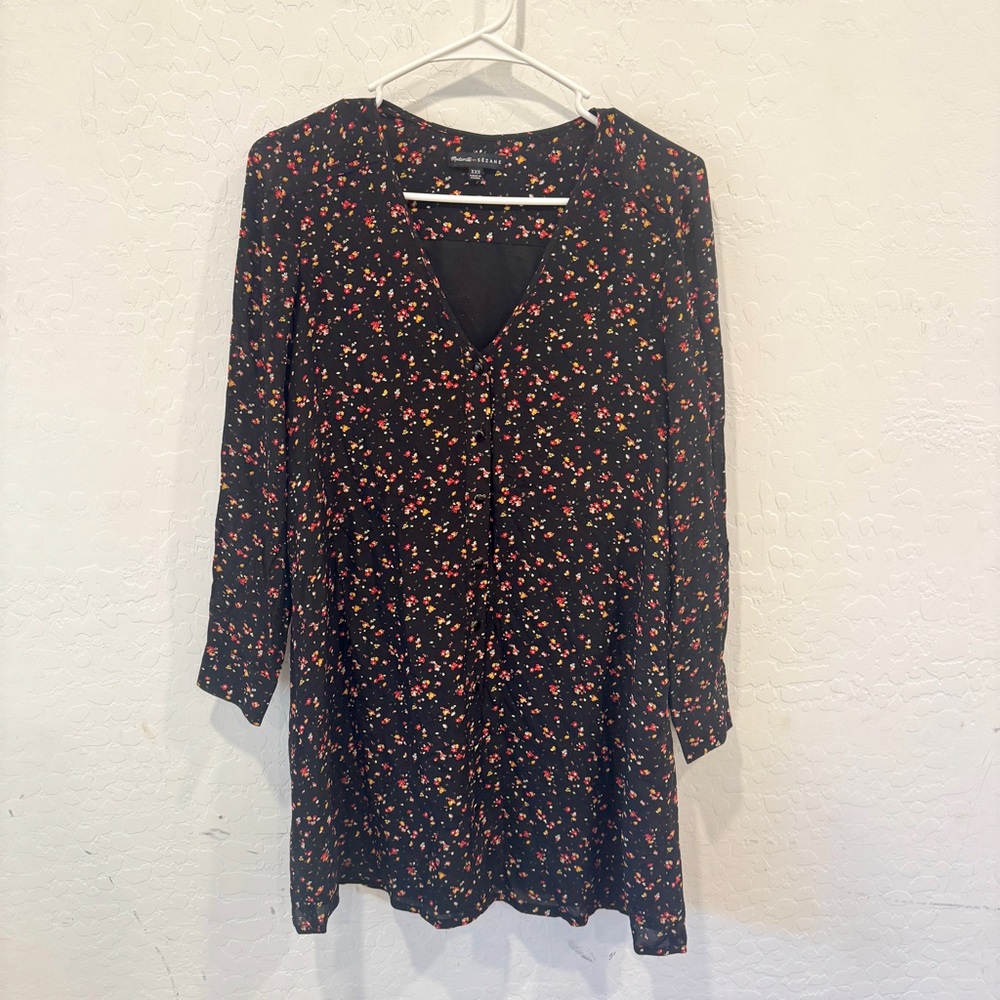 Madewell et Sézane Silk Elly Floral Dress Womens XXS Cottagecore Tunic Black